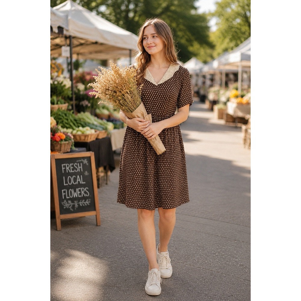 Northern Hemisphere Vintage Polka Dot Midi Dress Brown Crochet Lace Collar S/M